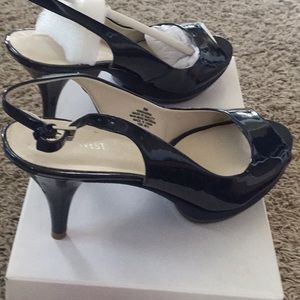 Navy Nine West stacked patent heels